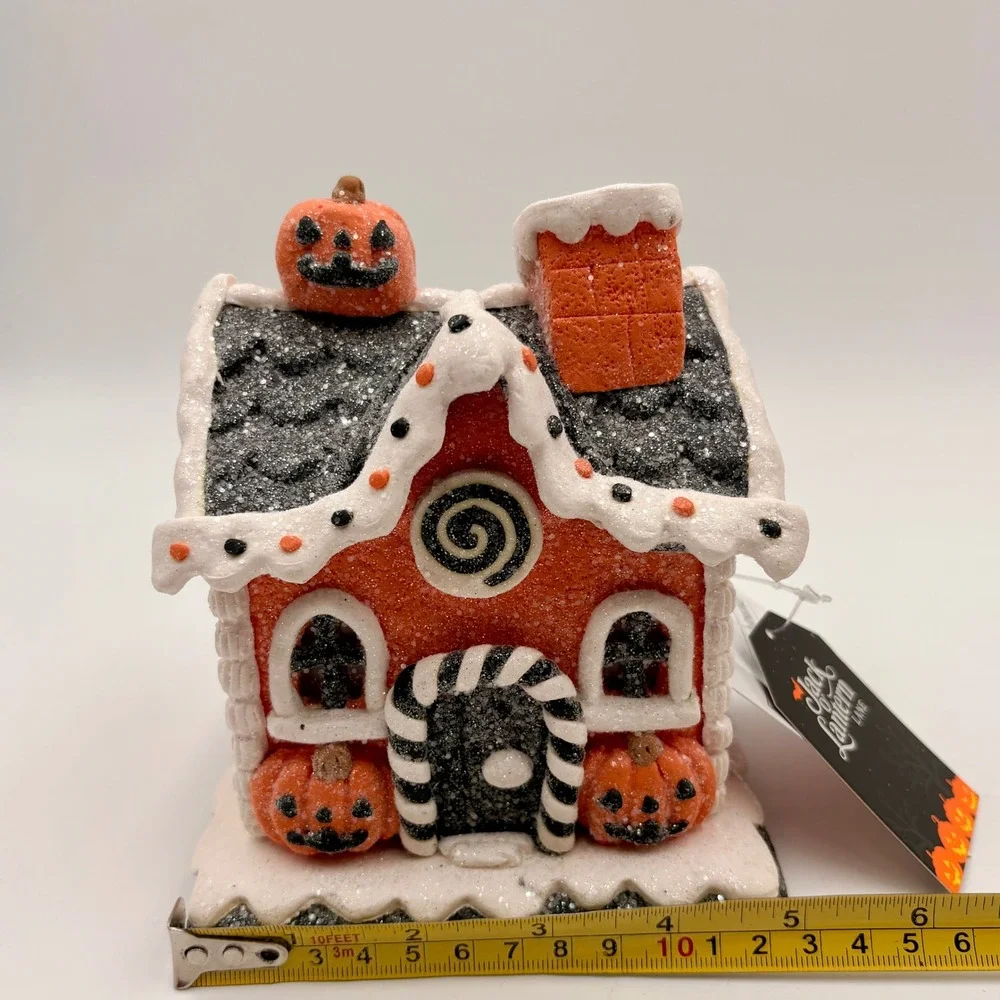 Jack O Lantern LED Lane Halloween Gingerbread House Orange Black Glitter Decor